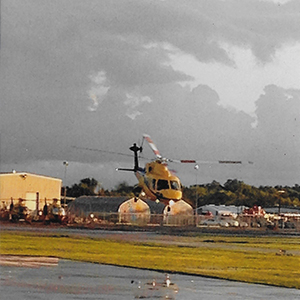 Offshore flying began with a long, fast takeoff from a narrow heliport, ensuring a safe landing option if an engine failed during departure.